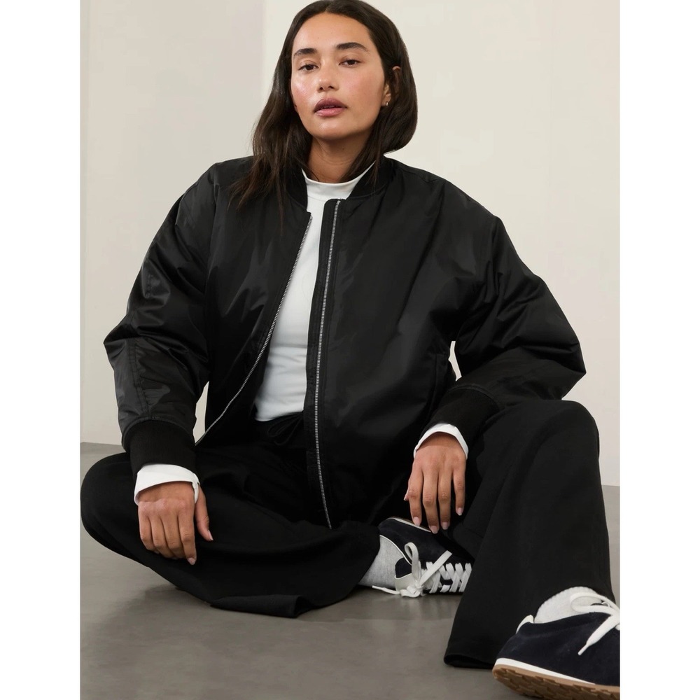 Athleta Sateen Bomber Jacket Coat Full Zip Black Satin Look NWT LARGE